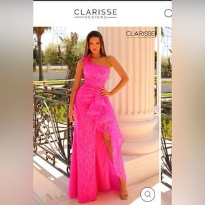 Clarisse One-Shoulder Hot Pink Lace Evening Gown